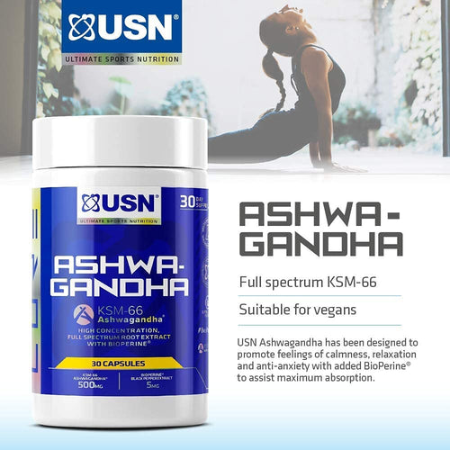 USN Ashwagandha bottle with KSM-66 root extract capsules for calm and relaxation