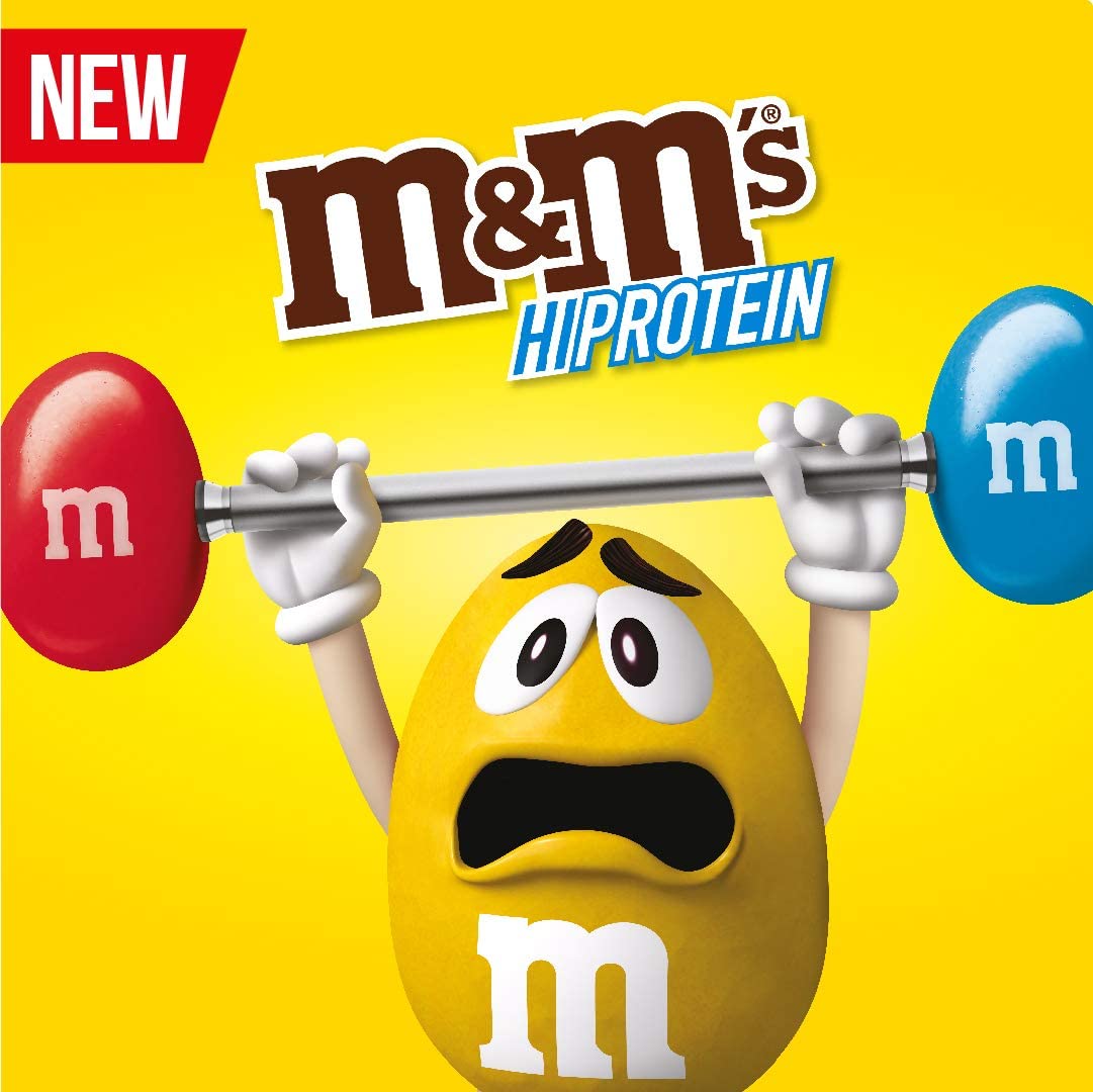 Yellow M&M character lifting a barbell with M&M candies for weights on M&M Hi-Protein Bar