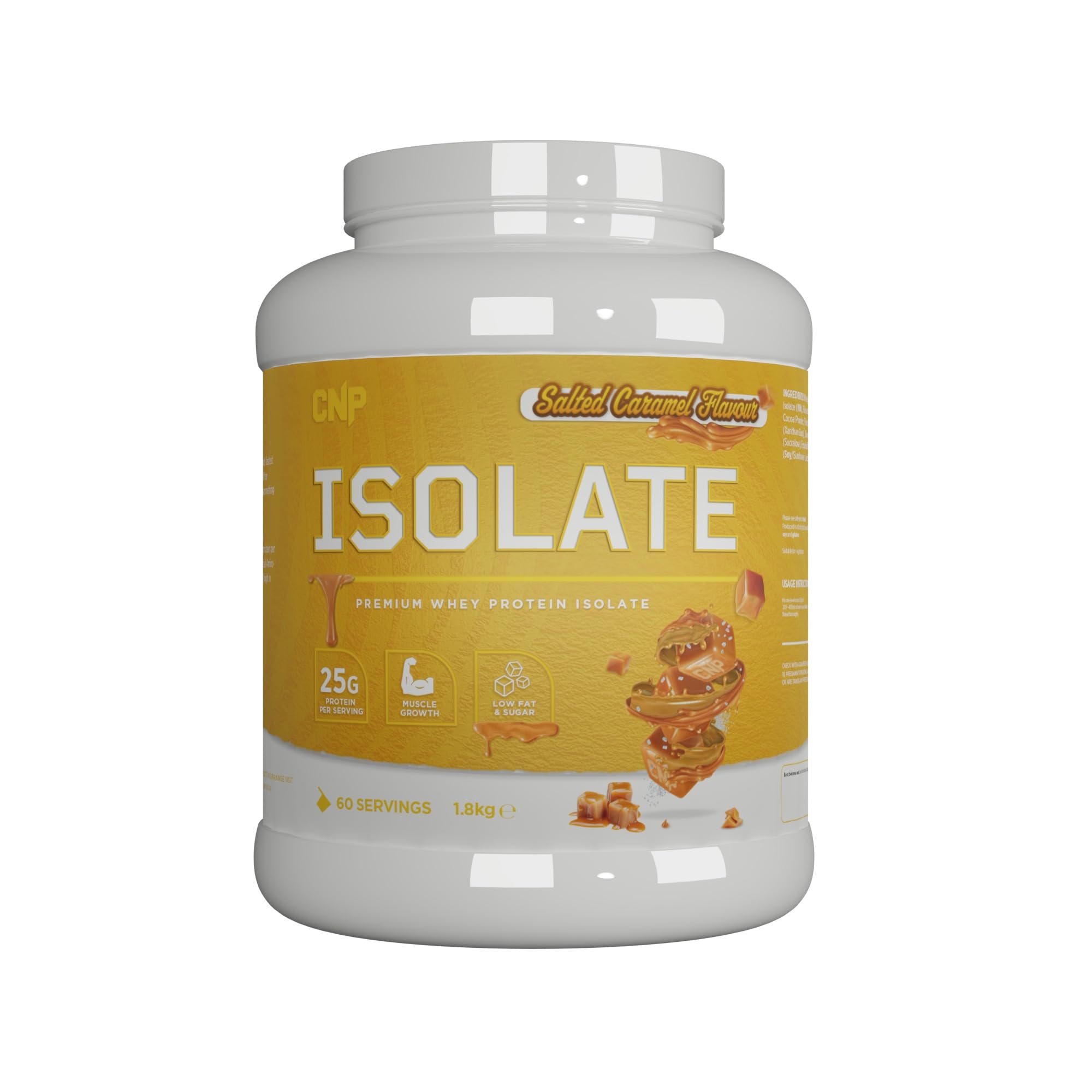 Container of CNP Isolate salted caramel flavored whey protein isolate powder with essential amino acids