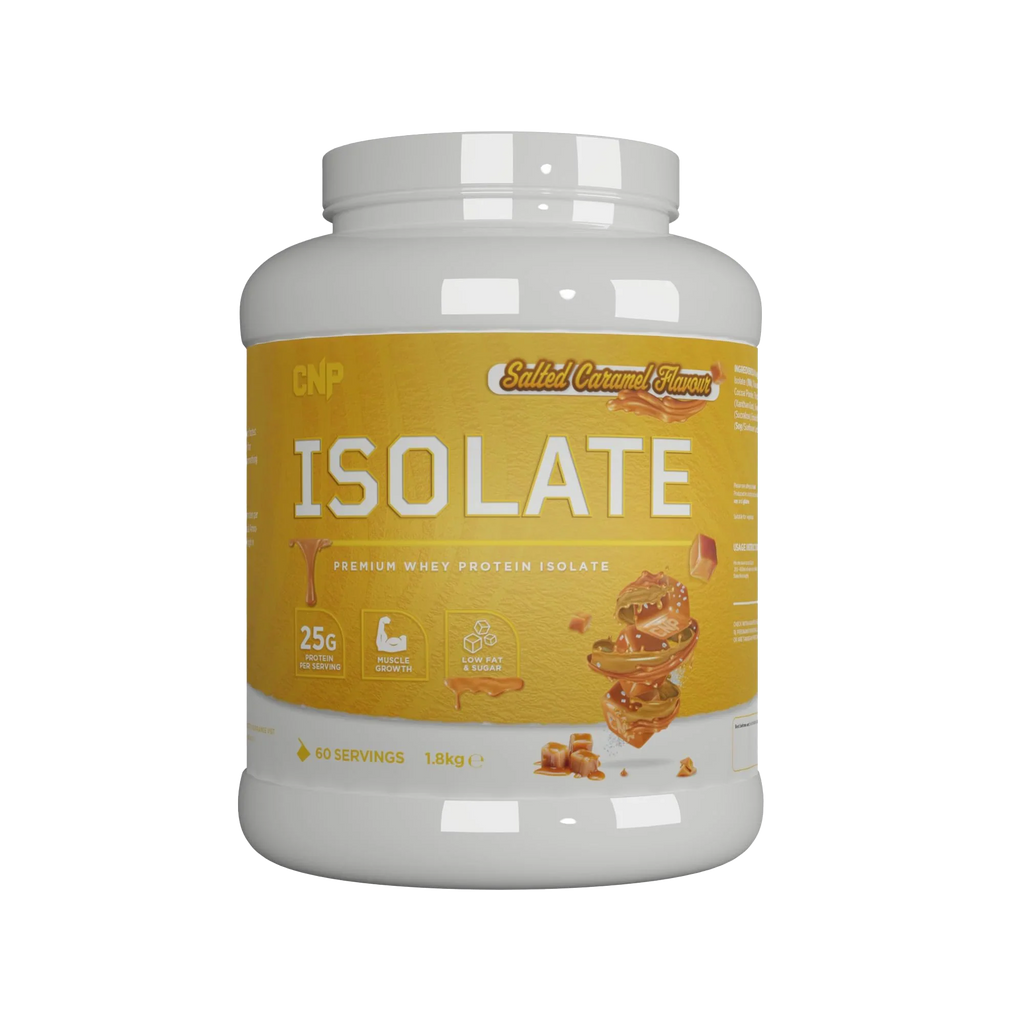 Salted caramel CNP Isolate whey protein isolate tub with essential amino acids
