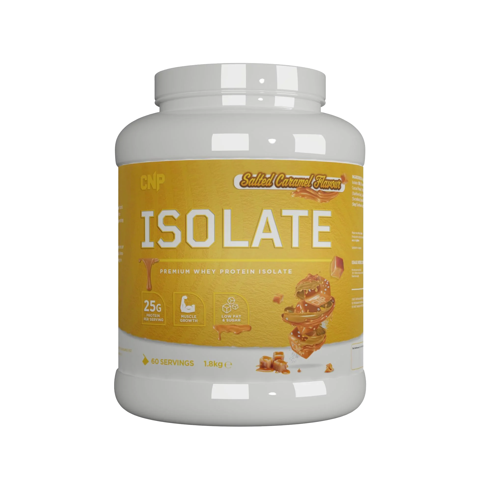 Salted caramel CNP Isolate whey protein isolate tub with essential amino acids