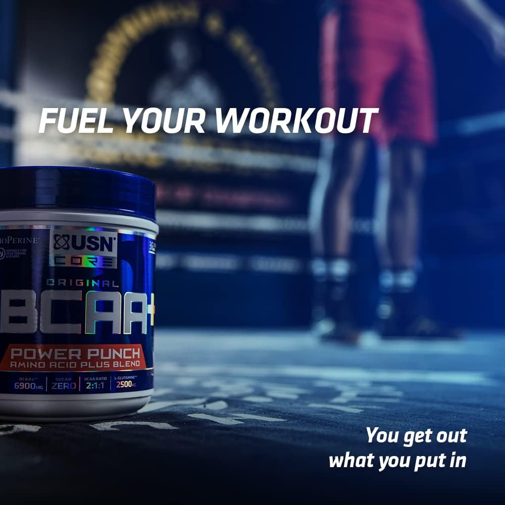 Blue and silver USN BCAA Power Punch container for muscle growth and protein synthesis