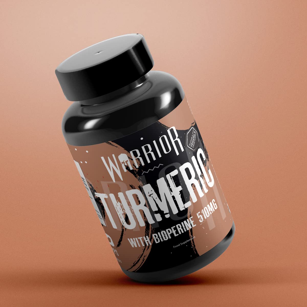 Black bottle of Warrior Core Turmeric with Bioperine 510mg for organic turmeric boost