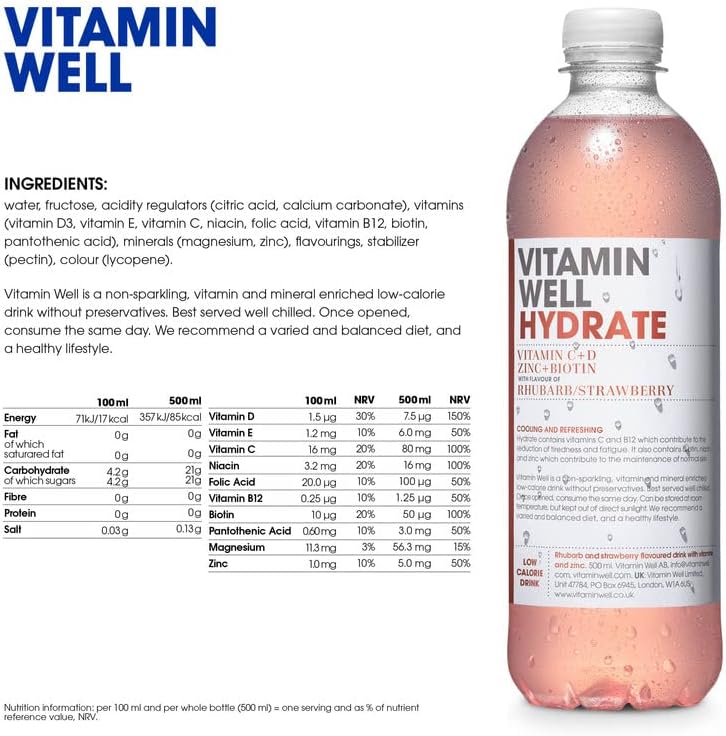 Vitamin Well Hydrate - 12x500ml / Rhubarb & Strawberry - Hydration Ready-To-Drinks