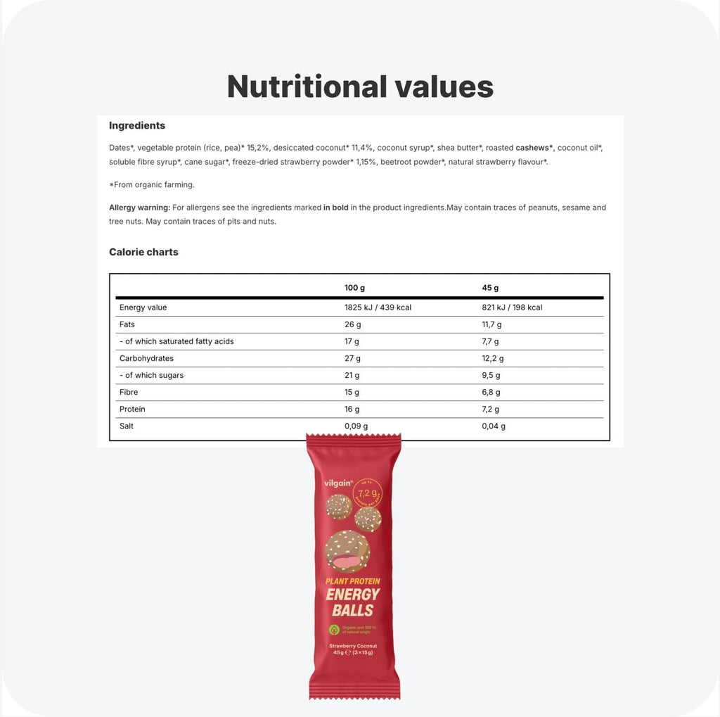 Vilgain Organic Plant Protein Energy Balls 15 x 45g