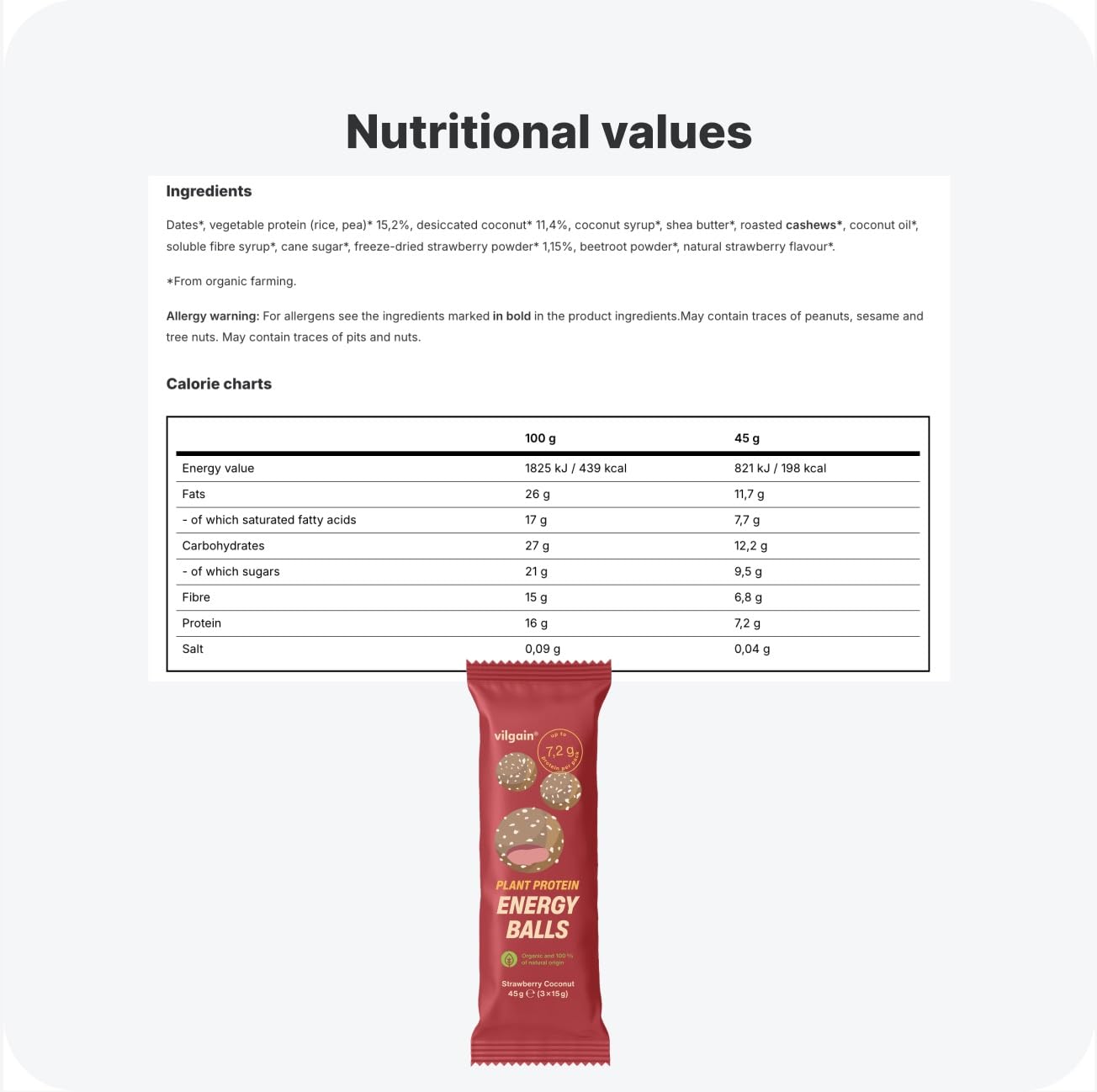 Vilgain Organic Plant Protein Energy Balls 15 x 45g