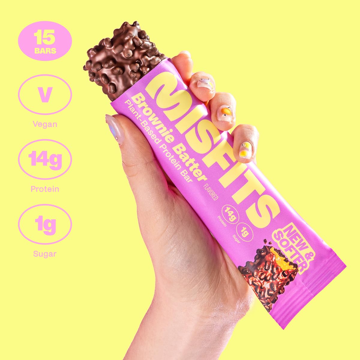 Misfits Plant-Based Protein Bar with 14g protein and 1g sugar, tasty brownie batter flavor