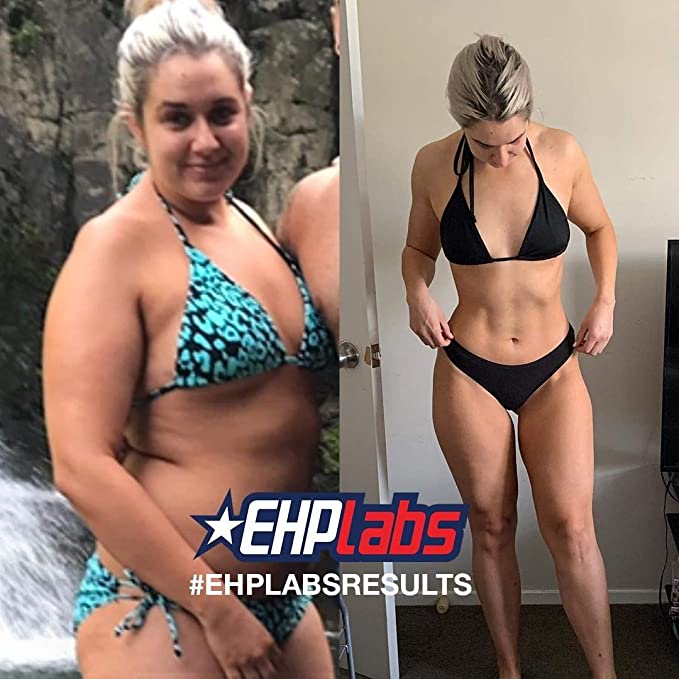 Woman before and after fat loss with EHP Labs OxyShred Non-Stim supplement