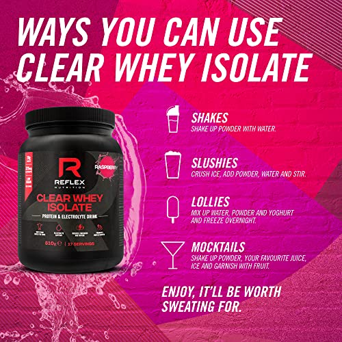 Black tub of Reflex Nutrition Clear Whey Isolate raspberry flavor for high quality clear whey