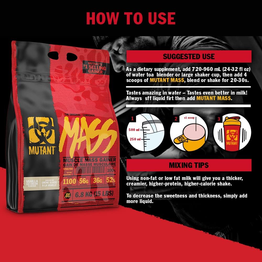 Mutant Mass large red and black muscle mass gainer powder bag for muscle growth