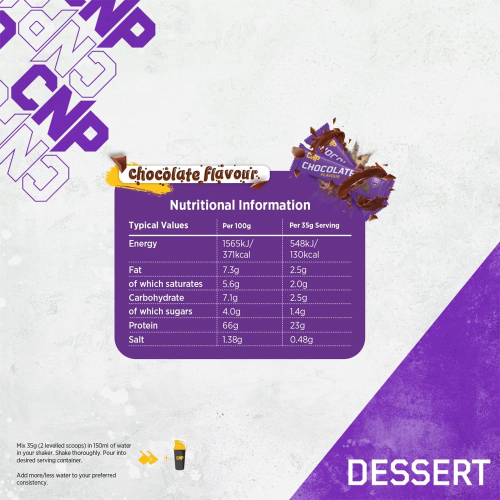 CNP Professional Dessert nutritional info showing a guilt-free treat with digestive enzymes