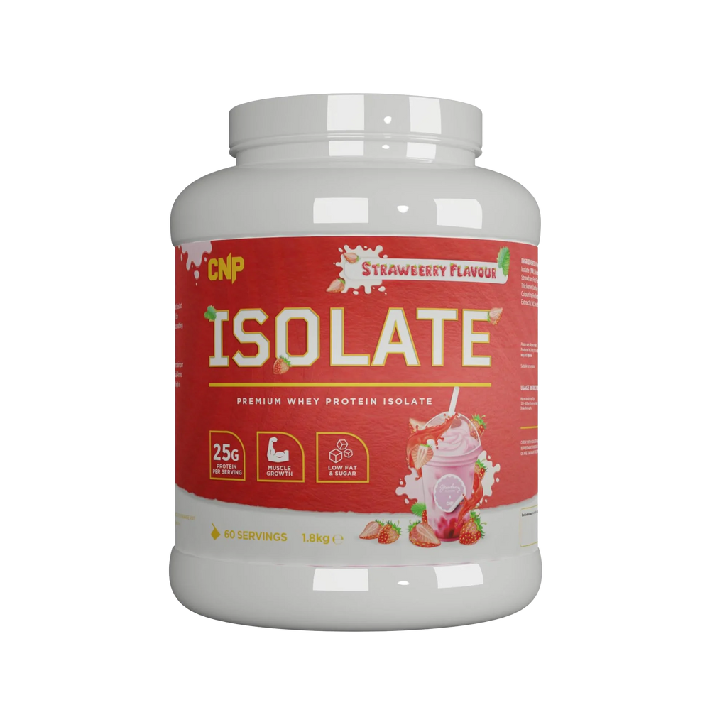 Strawberry-flavored whey protein isolate with essential amino acids in CNP Isolate container