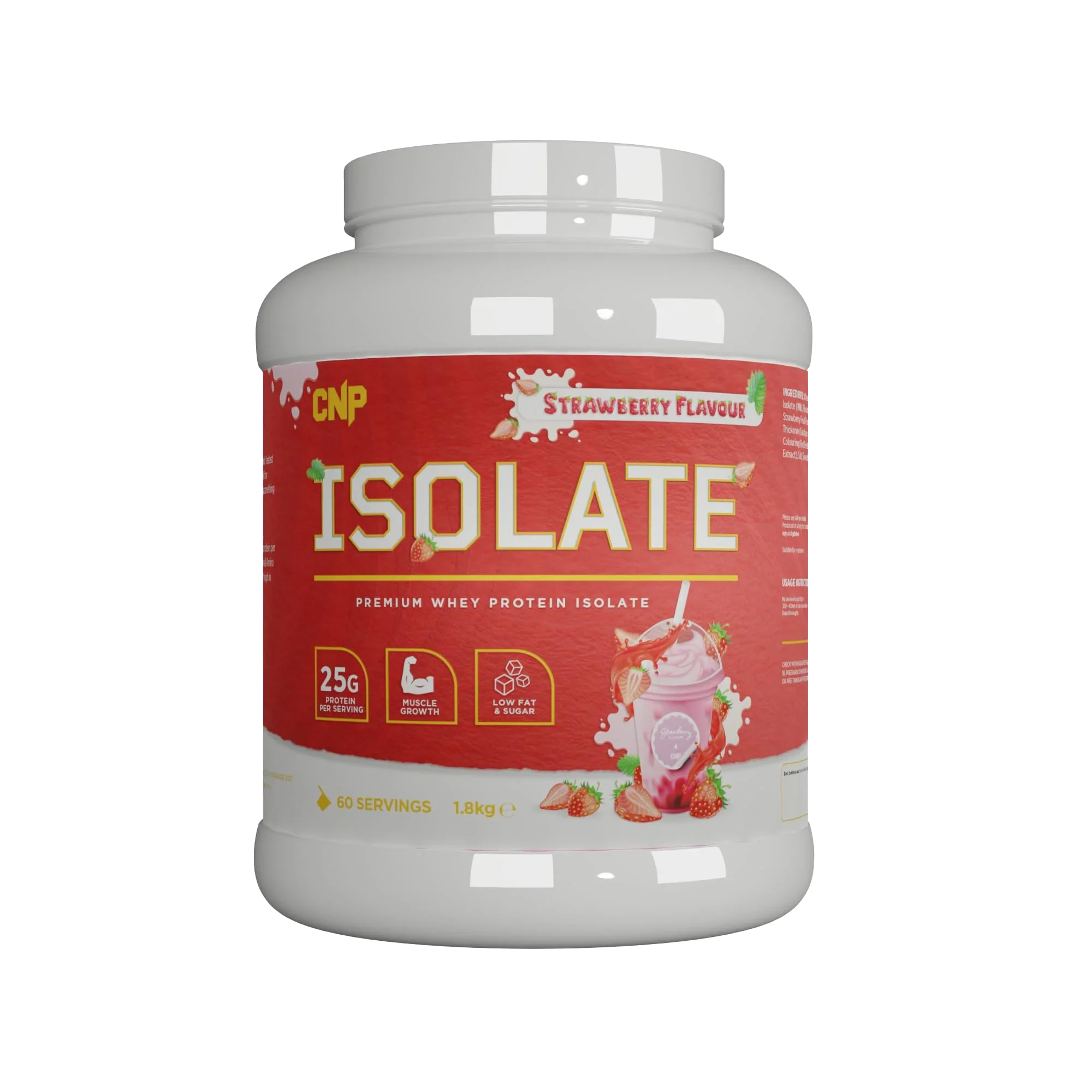 Strawberry-flavored whey protein isolate with essential amino acids in CNP Isolate container