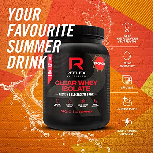 Black tub of Reflex Nutrition Clear Whey Isolate tropical electrolyte drink