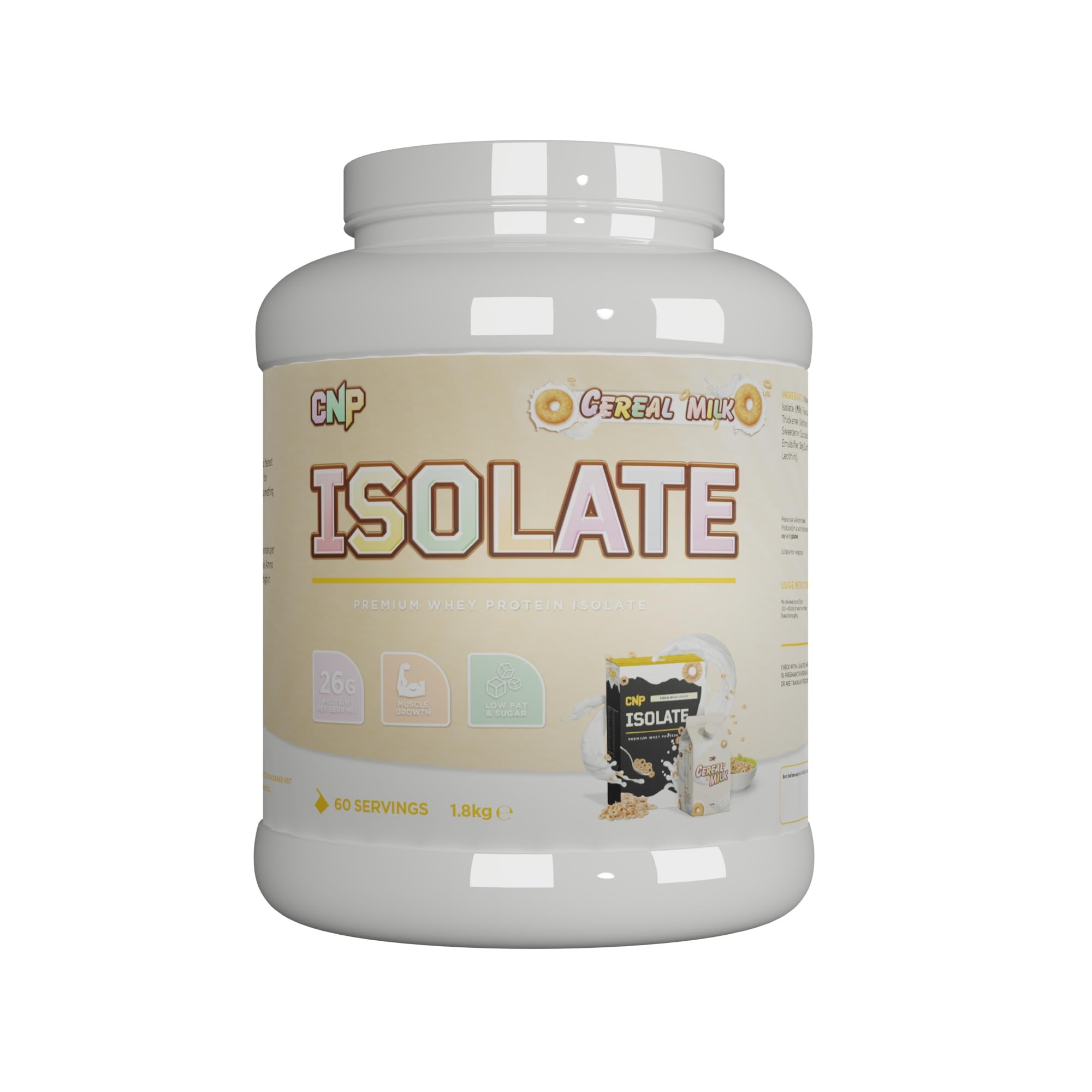 White tub of CNP Isolate whey protein isolate with essential amino acids for muscle recovery