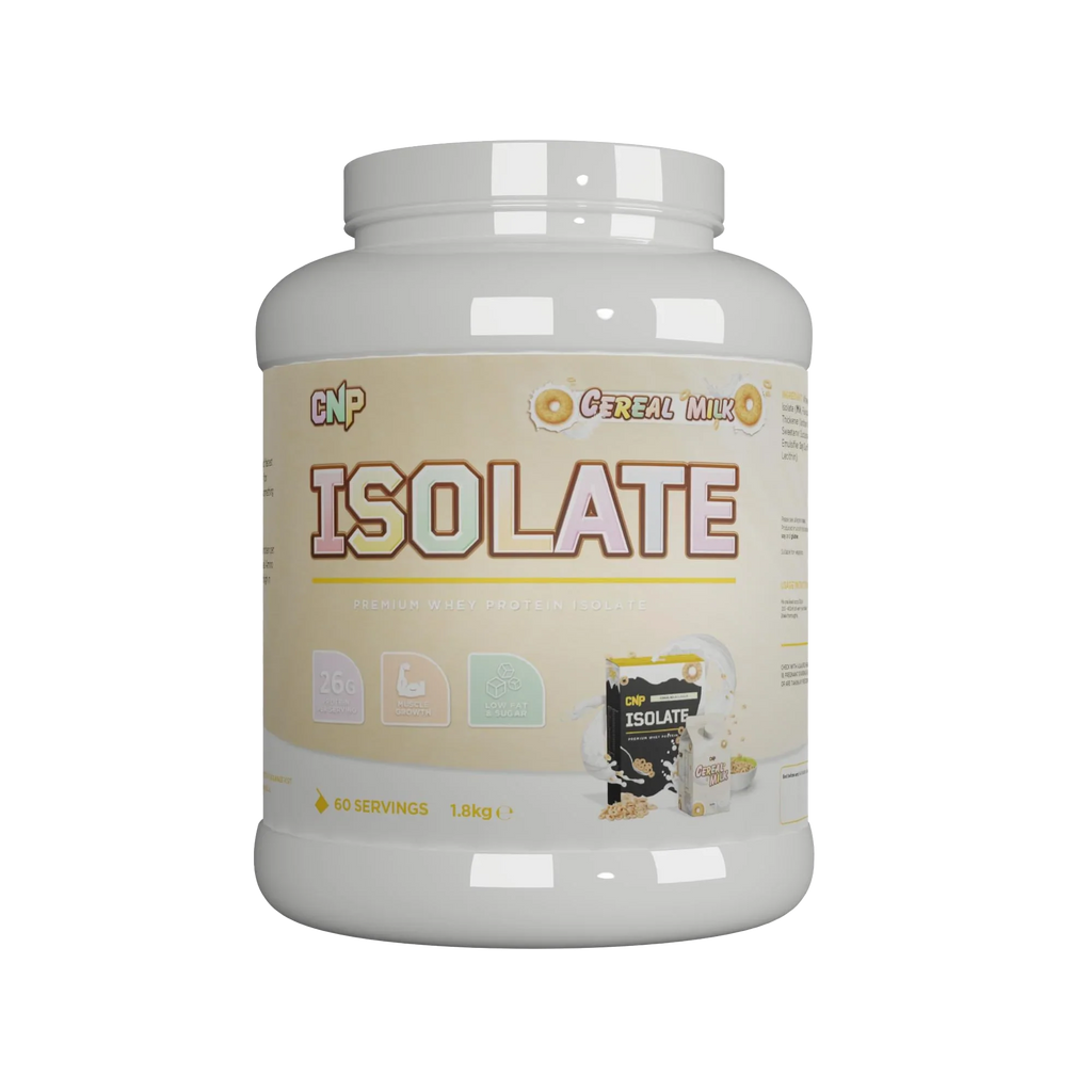White CNP Isolate tub with Cereal Milk flavor, packed with whey protein isolate and essential amino acids