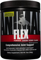 Black jar of Animal Flex joint support supplement with ginger root in cherry berry flavor