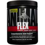 Black plastic jar of Animal Flex joint support supplement with ginger root flavor