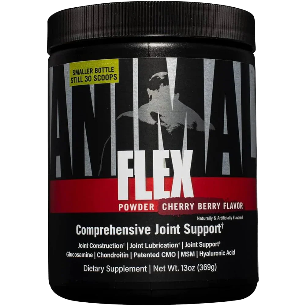 Black plastic jar of Animal Flex joint support supplement with ginger root flavor