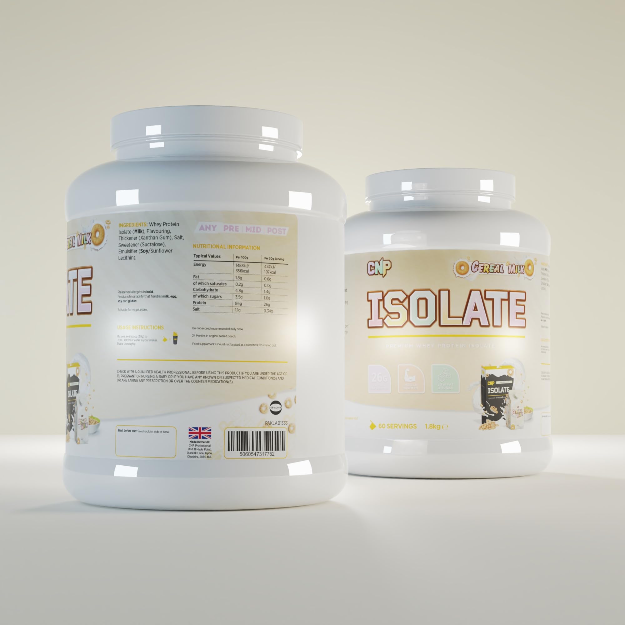 Two CNP Isolate tubs with whey protein isolate and essential amino acids for muscle gain
