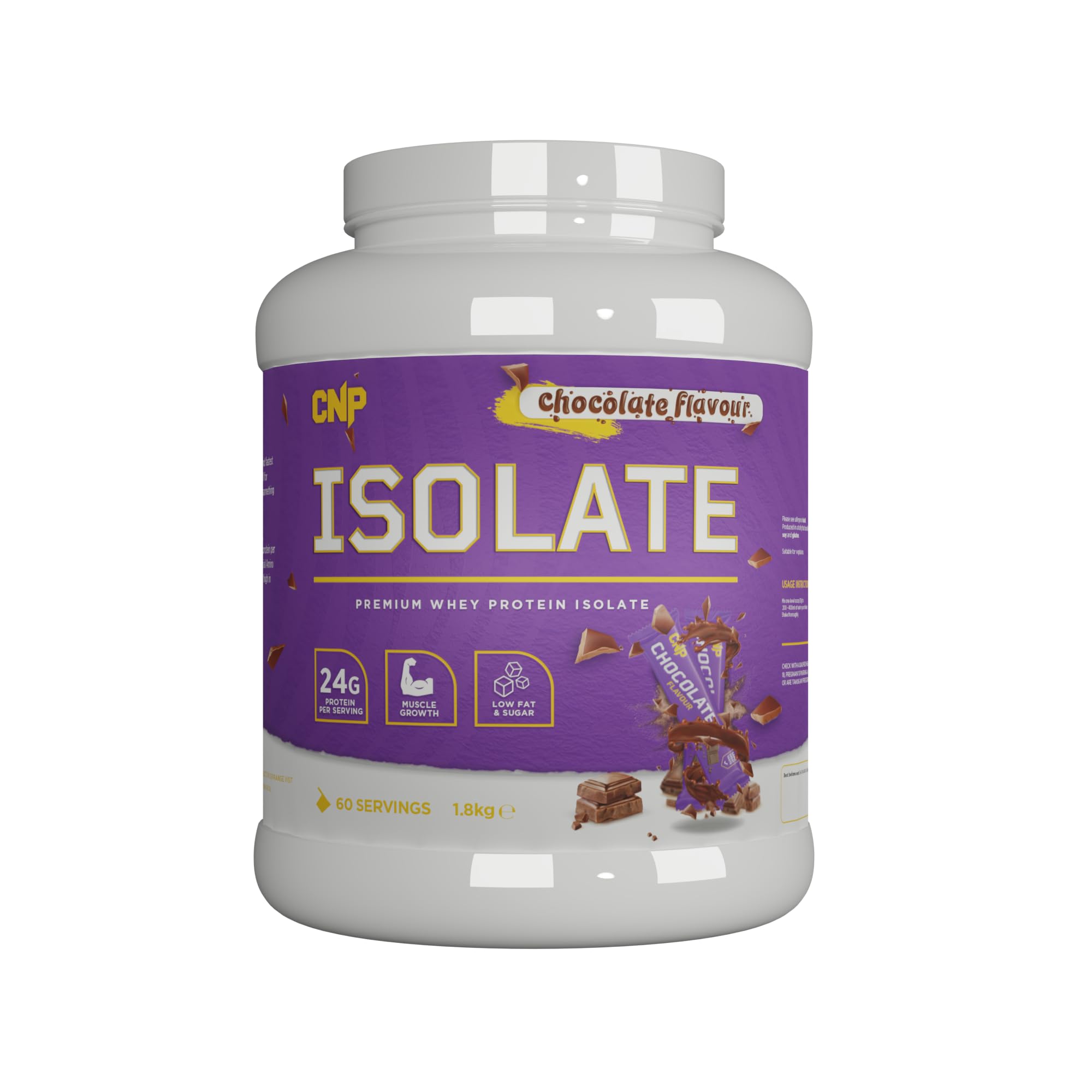 Chocolate-flavored whey protein isolate powder in a white tub CNP Isolate for essential amino acids