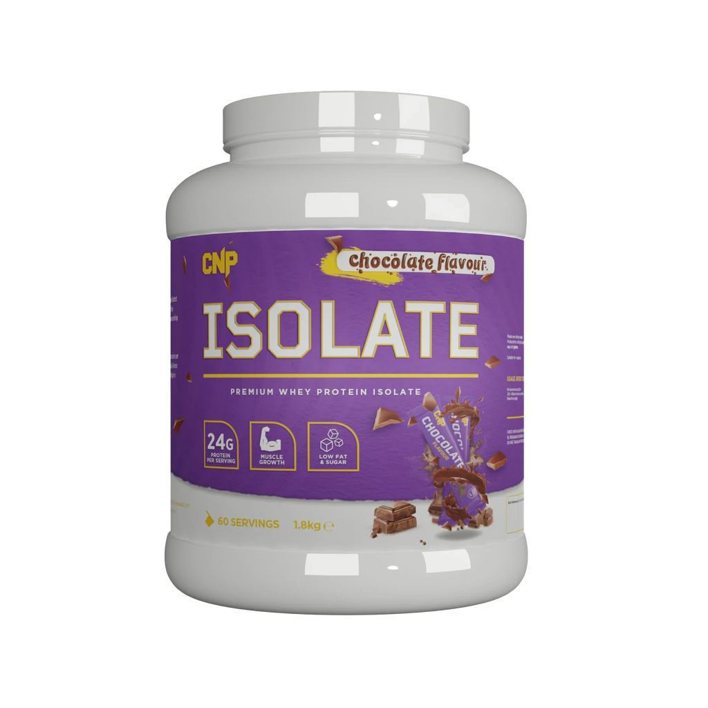 White tub of CNP Isolate whey protein with chocolate flavor and essential amino acids