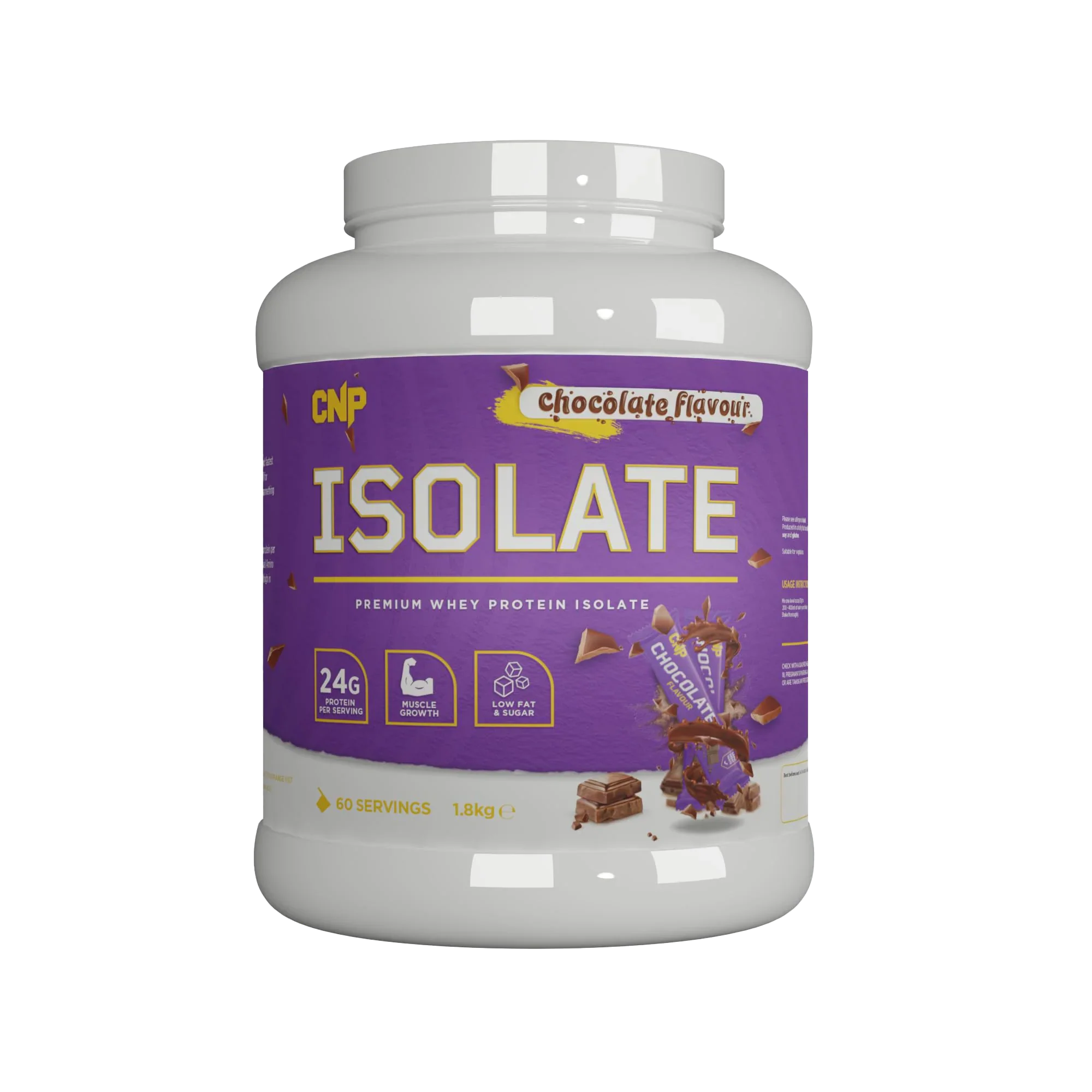 White tub of CNP Isolate whey protein with chocolate flavor and essential amino acids