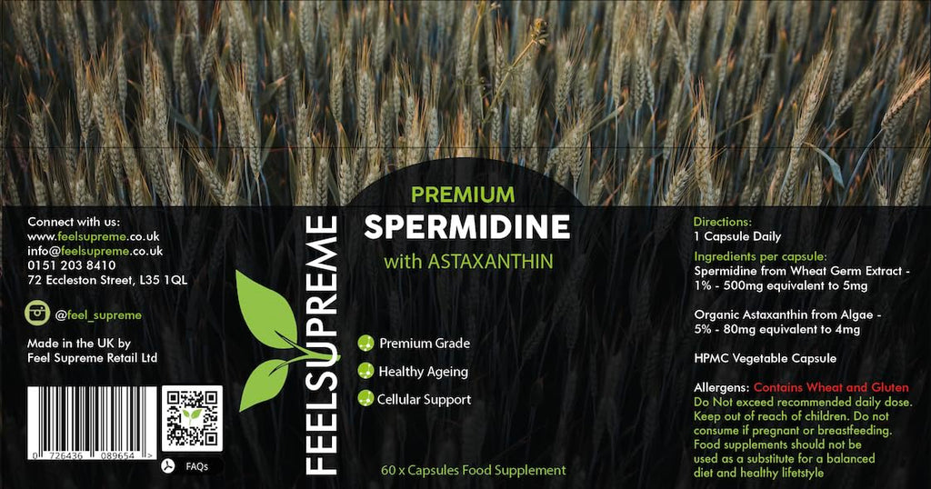 Supplement label for Feel Supreme Premium Spermidine & Astaxanthin Complex capsules for cellular health