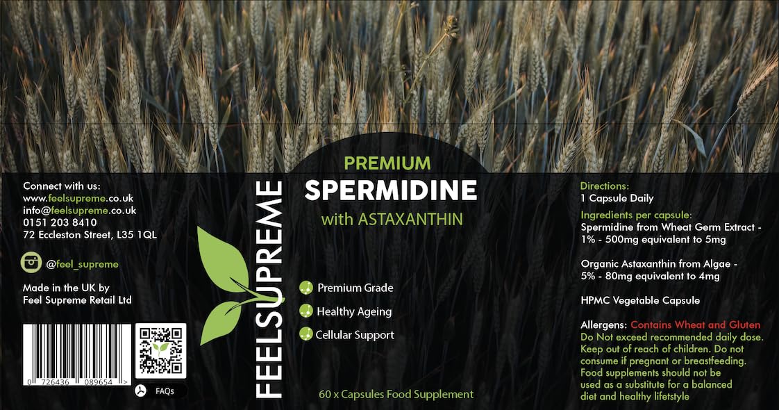 Supplement label for Feel Supreme Premium Spermidine & Astaxanthin Complex capsules for cellular health