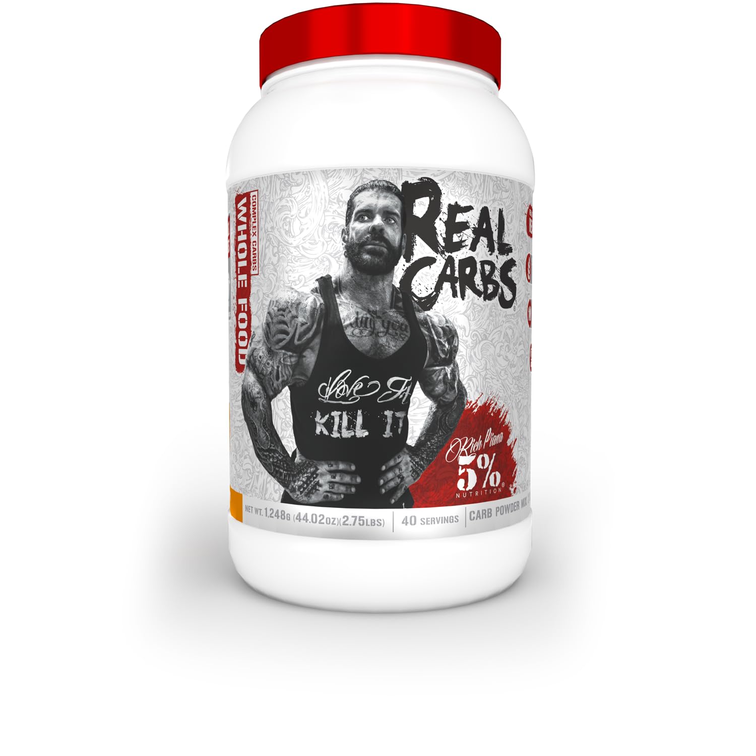 White supplement container with red lid for Rich Piana Nutrition Real Carbs 1248g