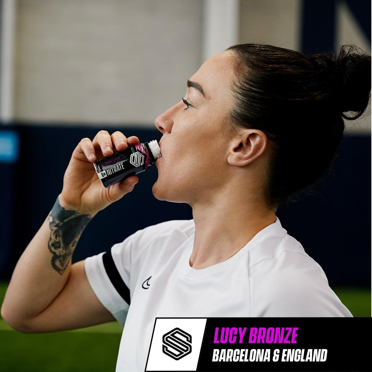 Woman drinking Soccer Supplement Nitrate Shot for boosting athletic performance