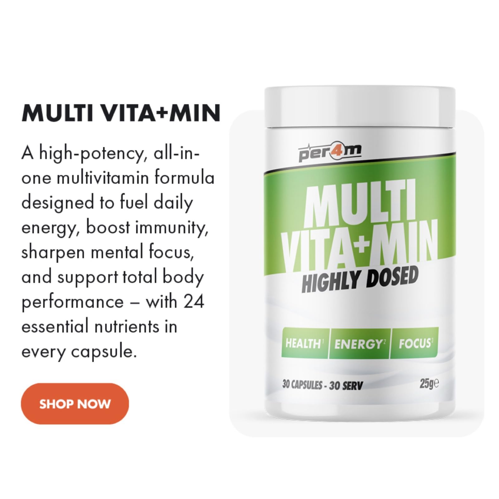 White bottle of Per4m Multivitamin High Dose for immune health and mental clarity