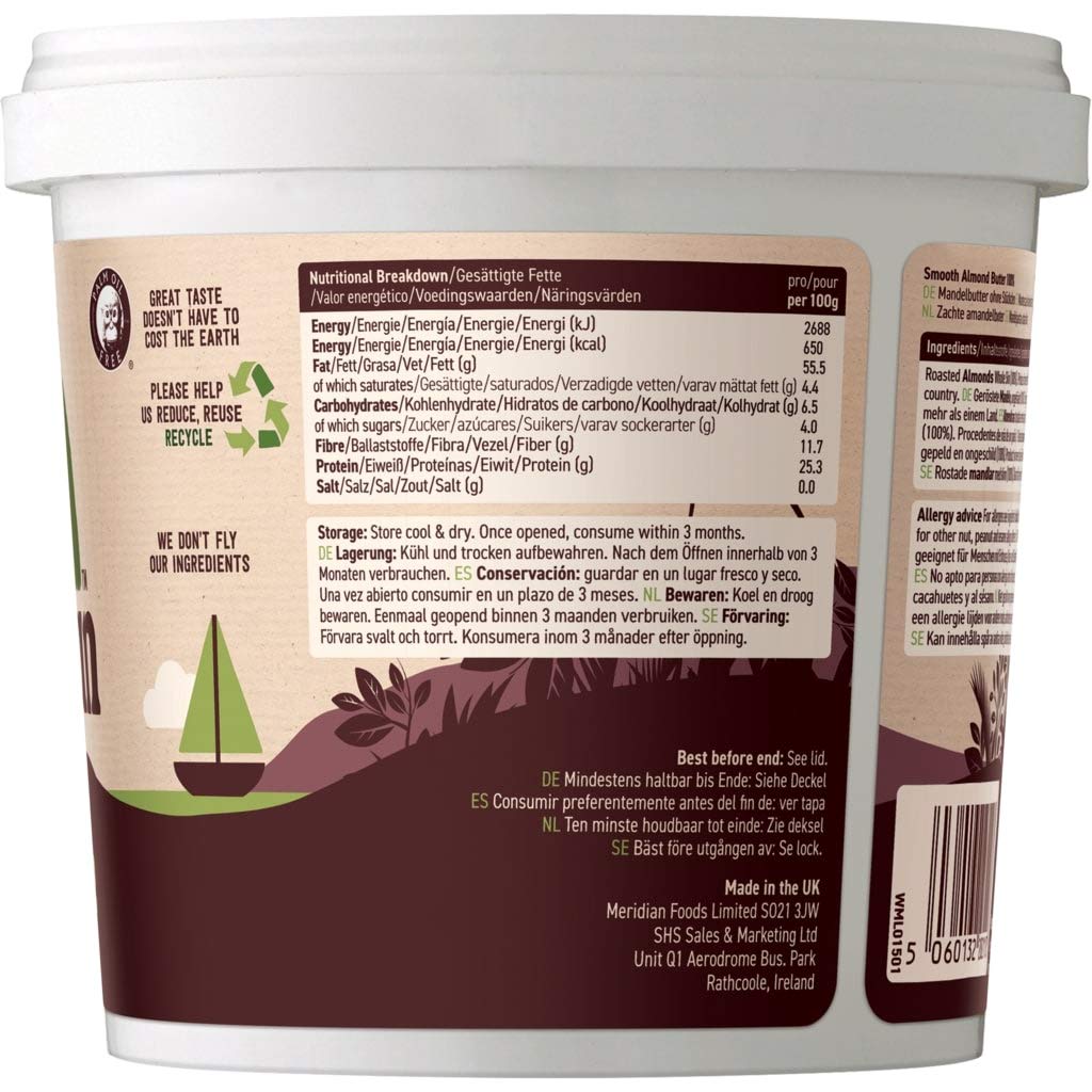 Plastic container of Meridian Almond Butter Smooth with nutritional info and storage tips