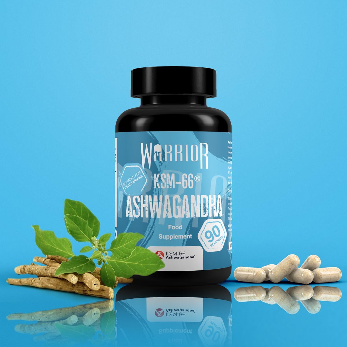 Black Warrior Ashwagandha bottle with 90 KSM-66 capsules for enhanced energy levels