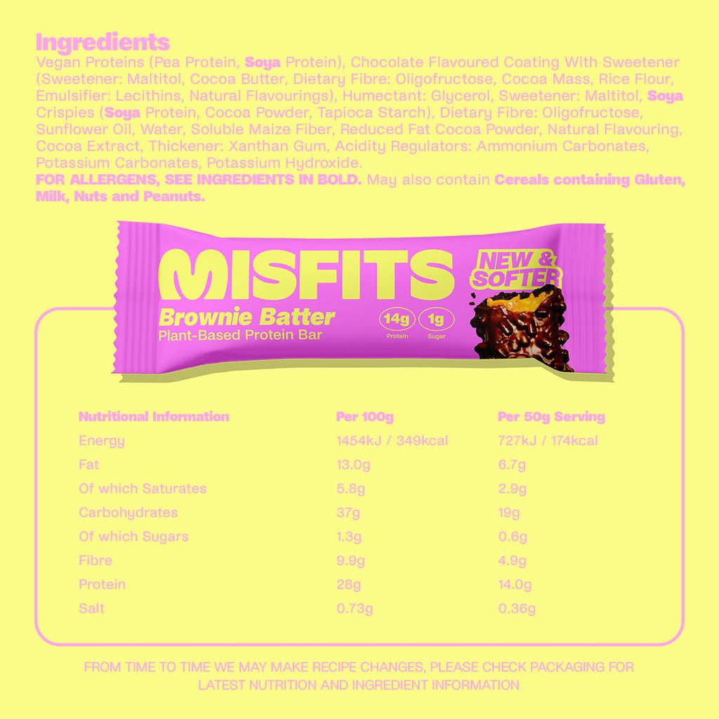 Misfits Plant-Based Protein Bar with brownie batter flavor, tasty plant-based protein bar