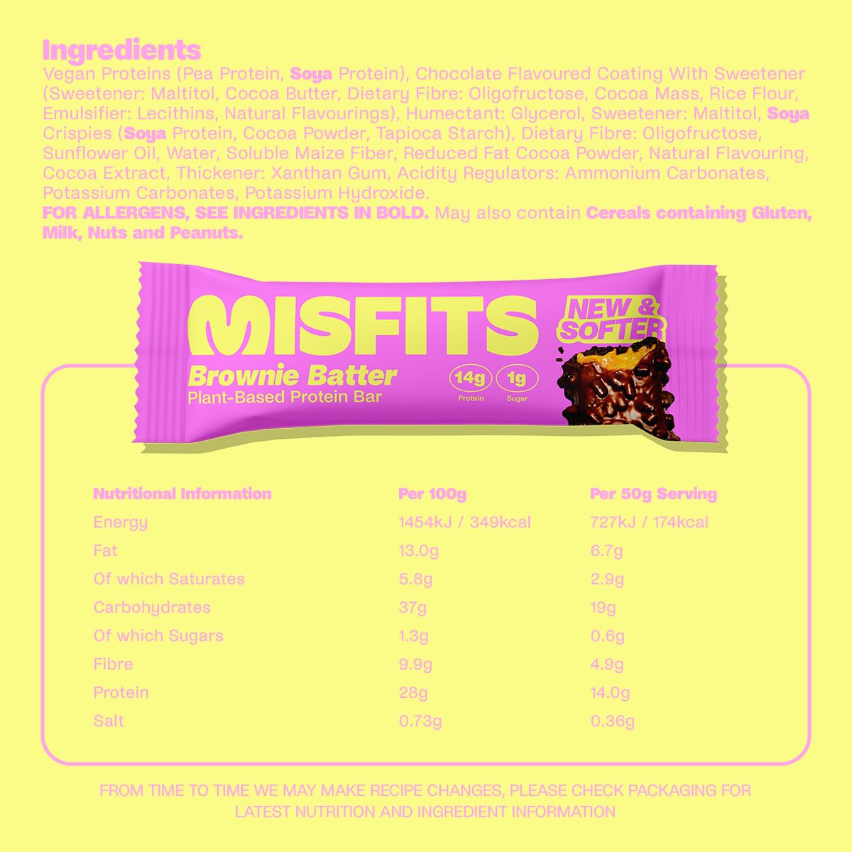 Misfits Plant-Based Protein Bar with brownie batter flavor, tasty plant-based protein bar