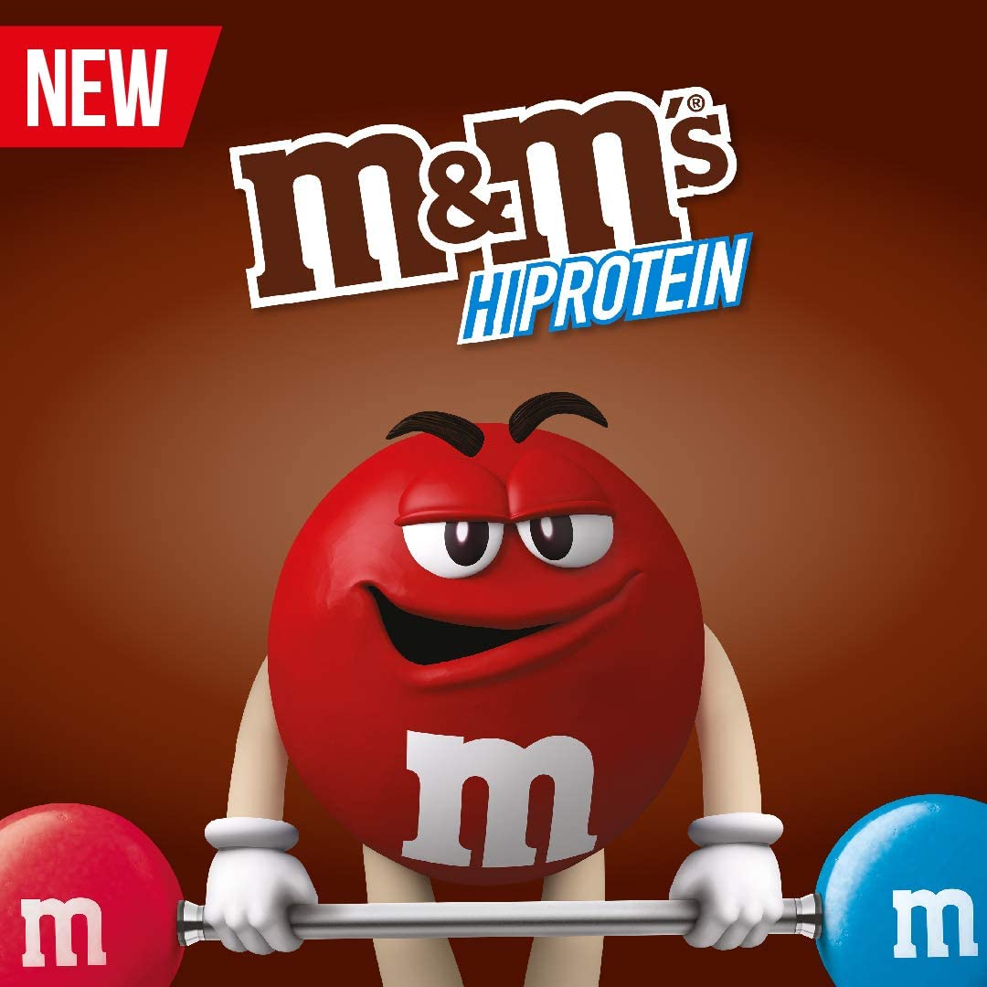 Red M&M character lifting barbell for M&M Hi-Protein Bar product ad