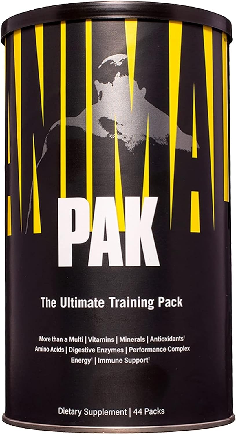 Black and yellow Animal Pak container with great-tasting powder for fitness supplements