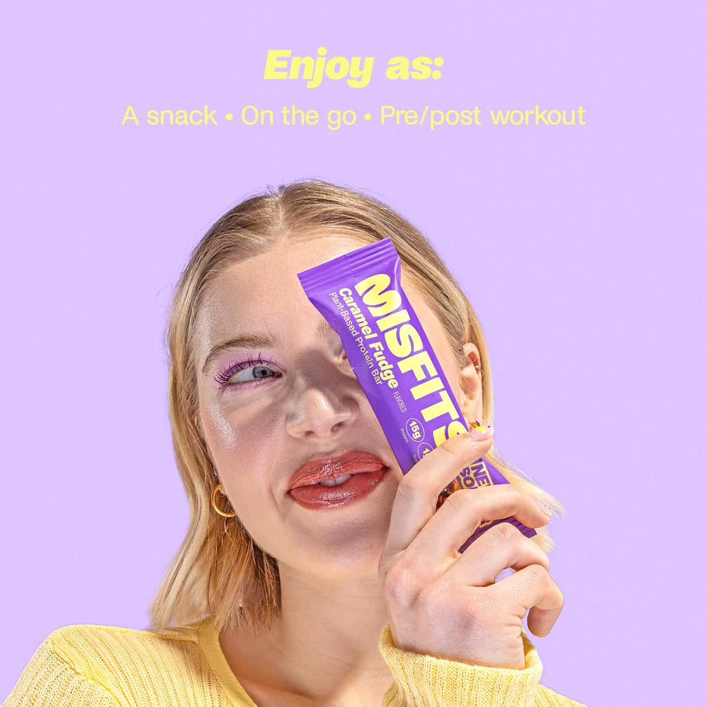 Purple-wrapped Misfits Plant-Based Protein Bar with Caramel Fudge flavor