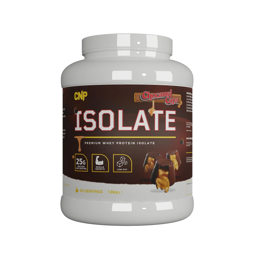 Container of CNP Isolate chocolate caramel whey protein isolate with essential amino acids