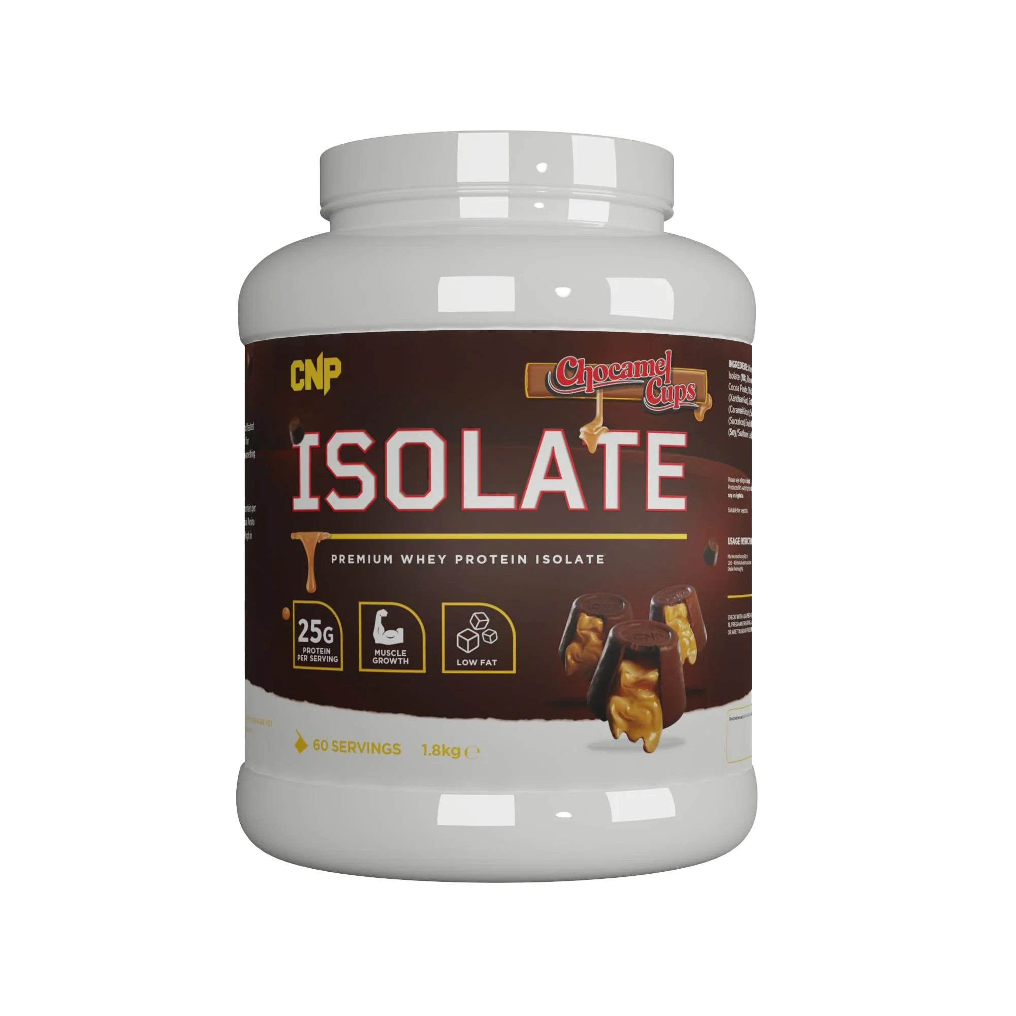Container of CNP Isolate chocolate caramel whey protein isolate with essential amino acids