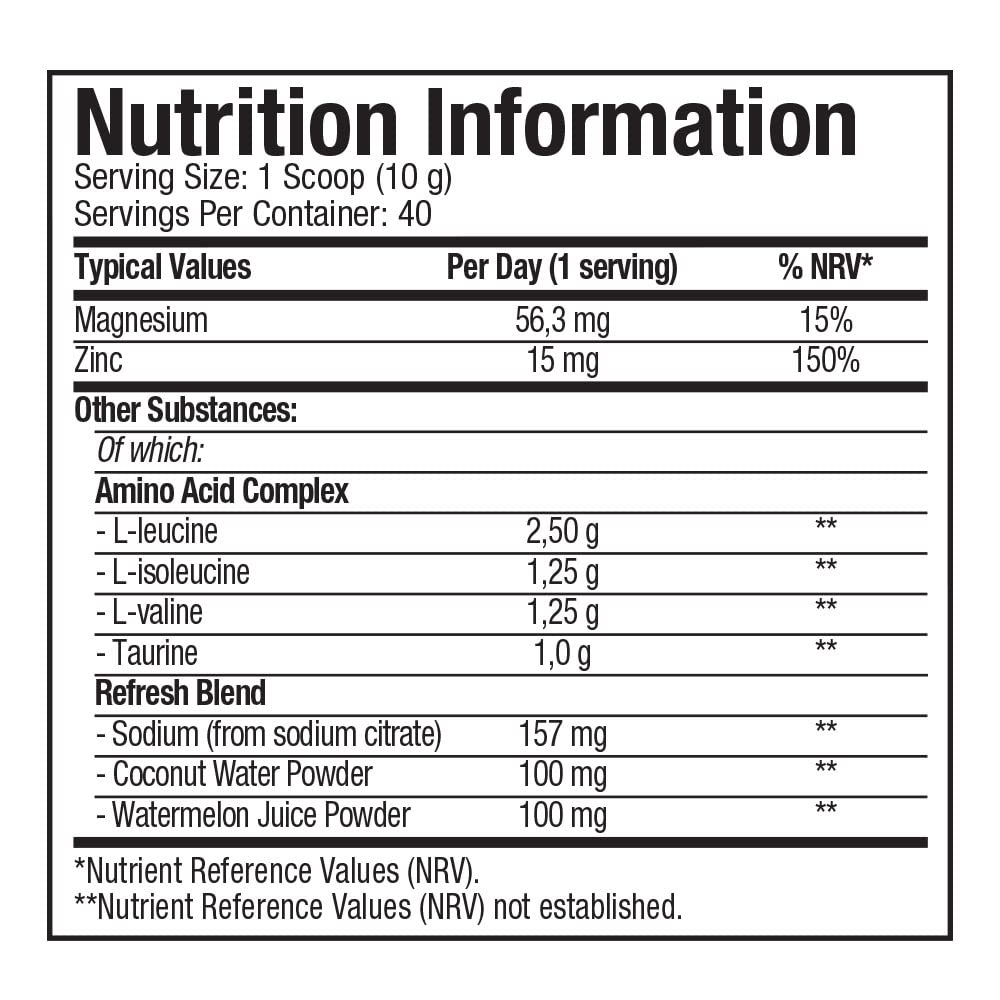 Nutrition info label showing ingredients and daily values for Muscletech Amino Build