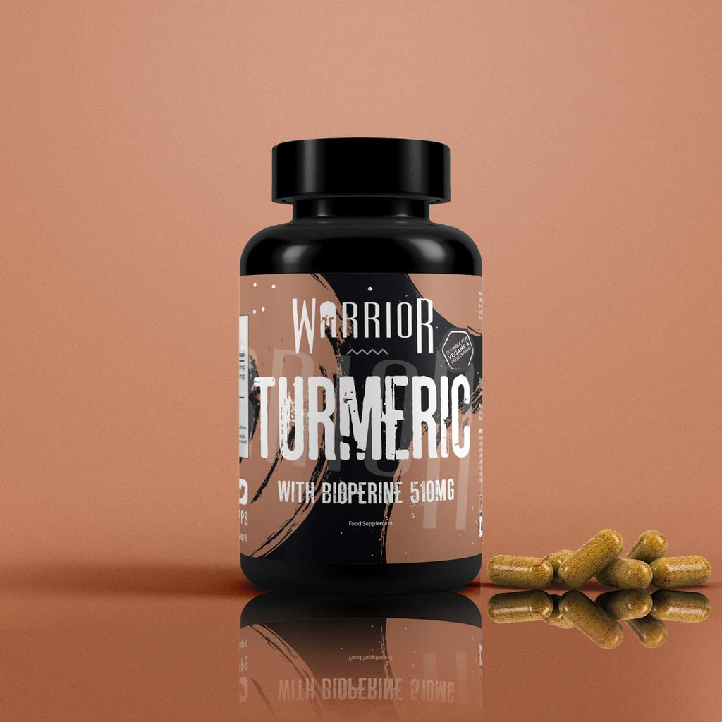 Black plastic bottle of Warrior Core Turmeric & Bioperine capsules with organic 500mg turmeric and 10mg Bioperine