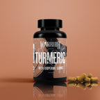 Black plastic bottle of Warrior Core Turmeric & Bioperine capsules with organic 500mg turmeric and 10mg Bioperine
