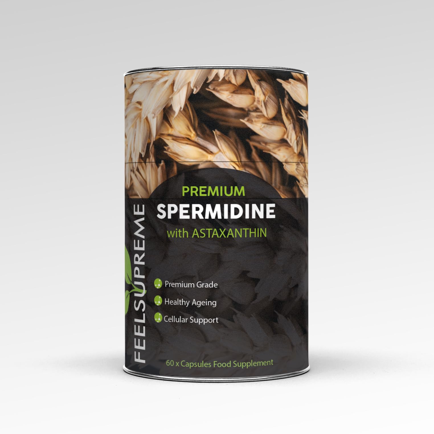Cylindrical container of Feel Supreme Premium Spermidine & Astaxanthin Complex supplement for cellular health