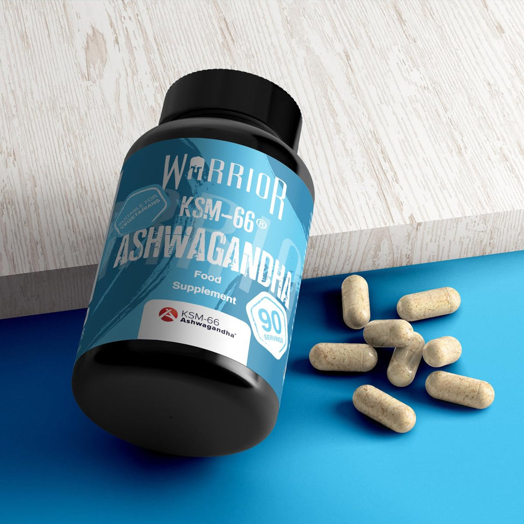 Dark Warrior Ashwagandha KSM-66 bottle with capsules for enhanced energy levels