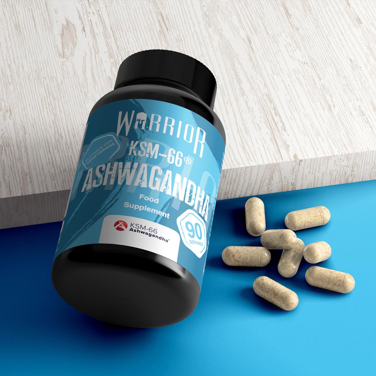 Dark Warrior Ashwagandha KSM-66 bottle with capsules for enhanced energy levels