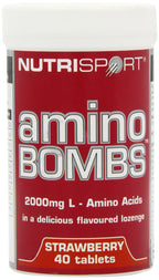 Red NutriSport Amino Bombs container with strawberry-flavored branched chain amino acids for muscle growth