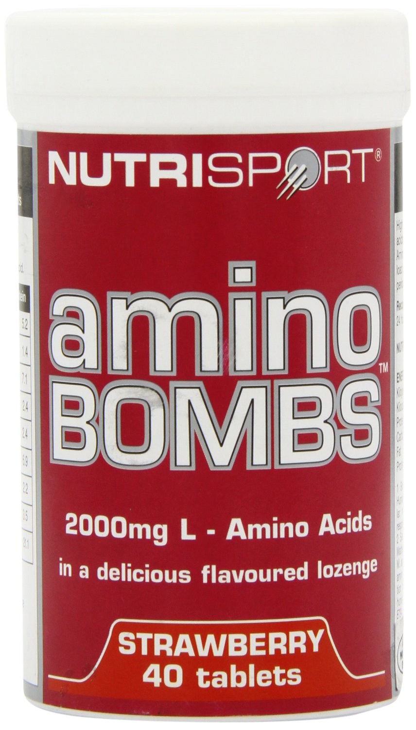 Red NutriSport Amino Bombs container with strawberry-flavored branched chain amino acids for muscle growth