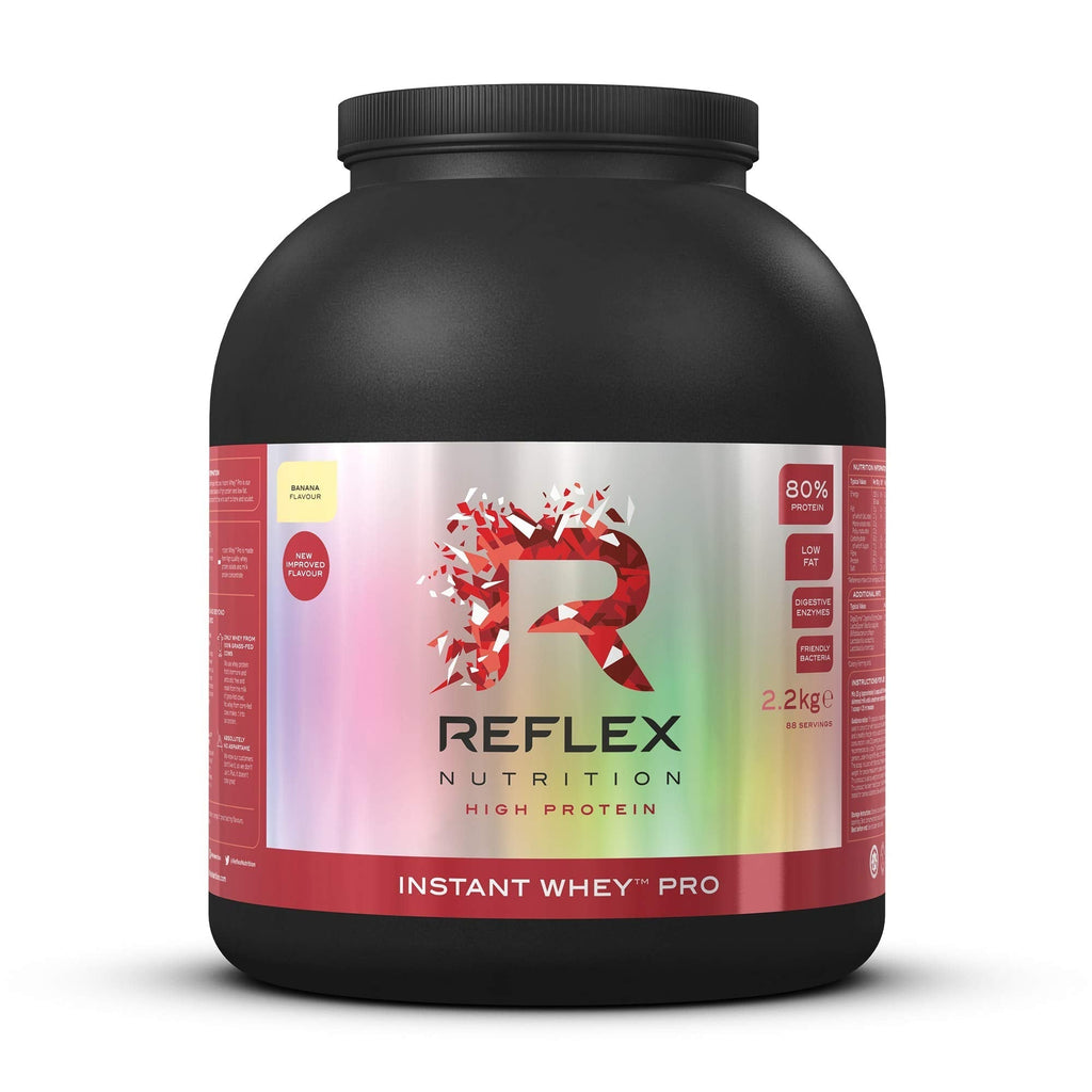 Black tub of Reflex Nutrition Instant Whey Pro banana flavor high-protein powder